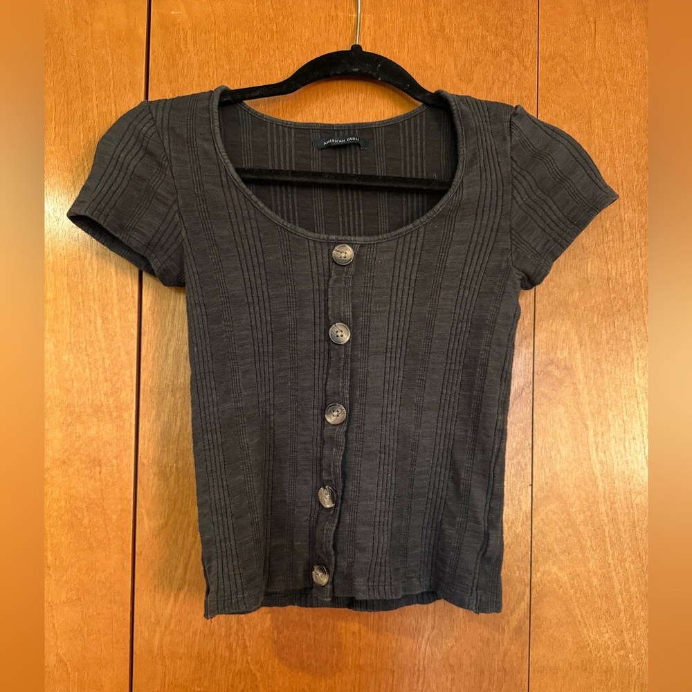 American Eagle Scoop Neck Cap Sleeve Ribbed Knit Top with Buttons